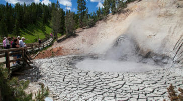 Tourists Pause On The Boardwalk To View The Mud Volcano As It Bubbles With Superheated Water Mixed With Mineral Deposits