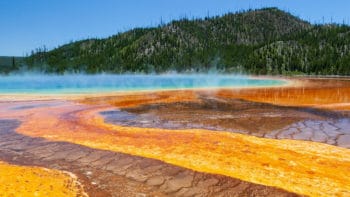 The Vibrant Rainbow Colors Of The Grand Prismatic Spring Are Seen From The Boardwalk In Yellowstone National Park