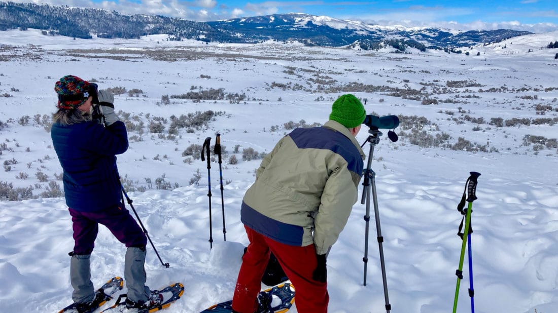 A Man Looks For Wildlife Through A Spotting Scope In The Montana Backcountry While His Partner Searches With Binoculars